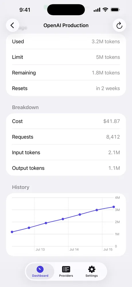Usage history line chart showing token growth over three days