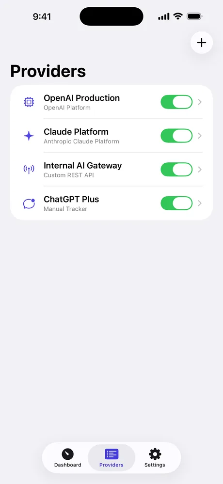 Provider list showing OpenAI Production, Claude Platform, Internal AI Gateway and ChatGPT Plus with enable toggles