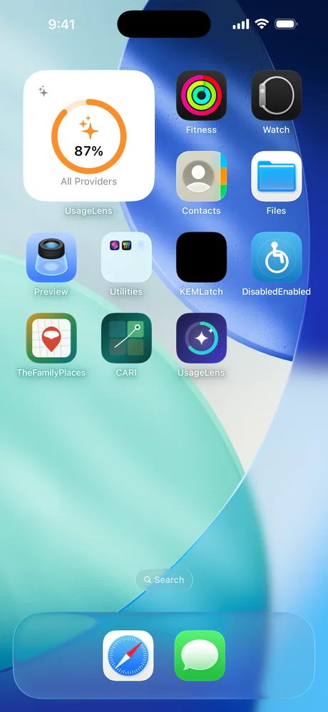 Home Screen showing the UsageLens widget with an 87% quota ring labelled All Providers